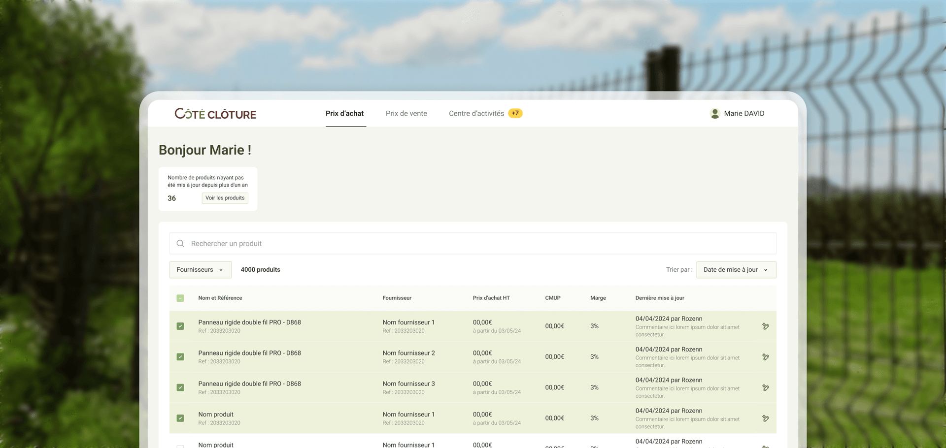 Application de gestion des prix d'achat et de vente — Côté Clôture