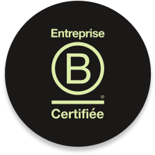 Logo Entreprise B Certifiée avec un grand B dans un cercle, texte en vert clair sur fond noir.